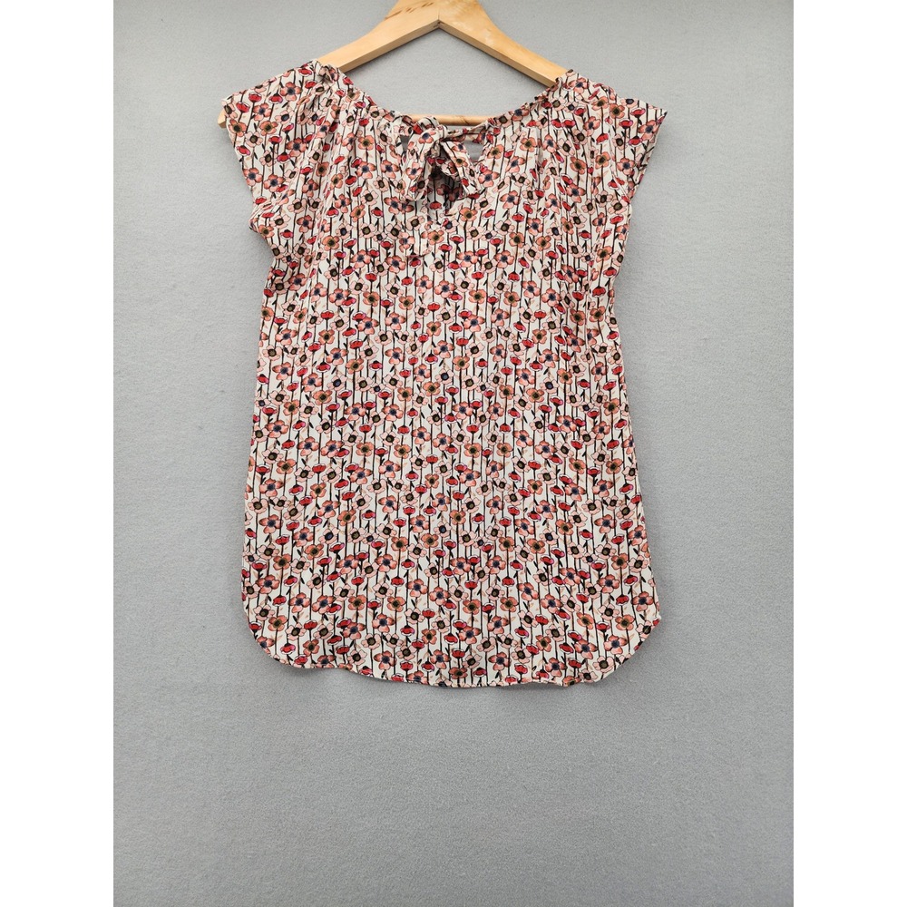 LC Lauren Conrad Floral Cap Sleeve Blouse Orange Pink Poppy Print Tie Back XS - Picture 5 of 11